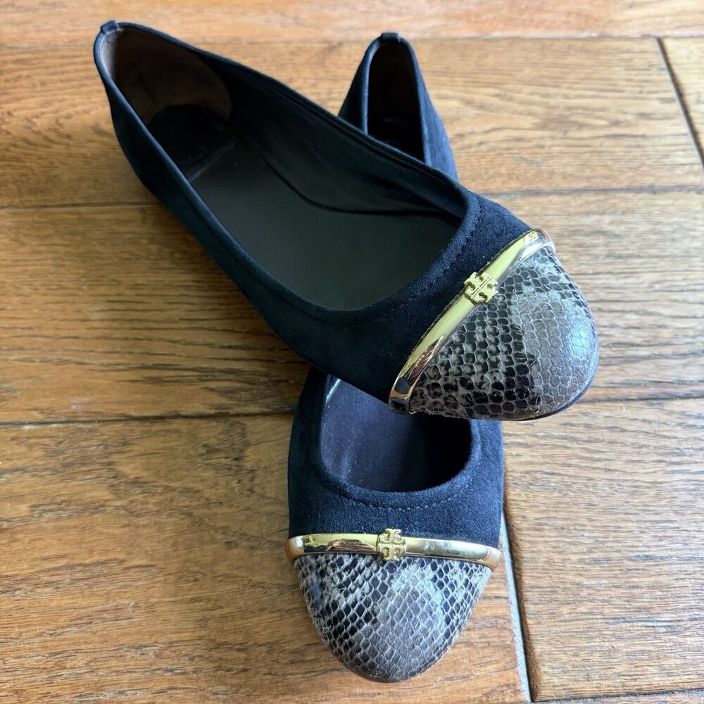 Tory Burch Pacey Driver Black Suede & Snakeskin With Gold Bar Ballet Flats 10.5